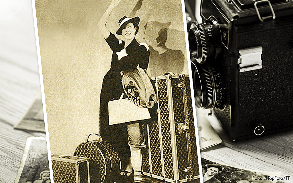 Gammal bild på kvinna med flera resväskor. Resandets historia