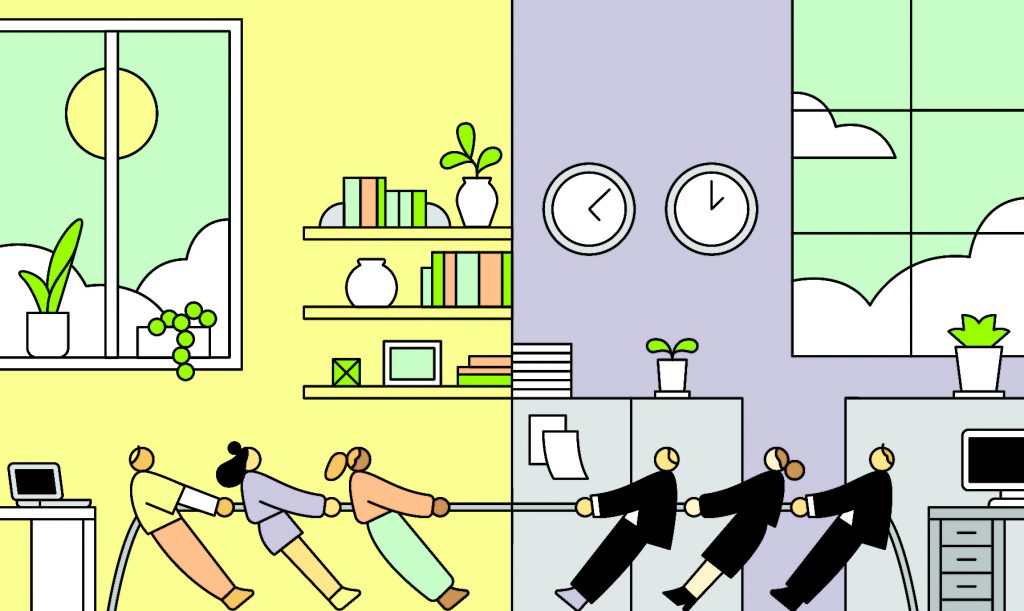 Illustration av kampen mellan distansarbete och kontorsarbete