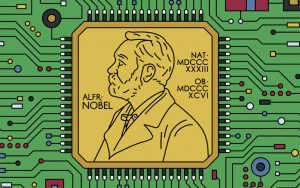 illustration med Alfred Nobel i ett kretskort