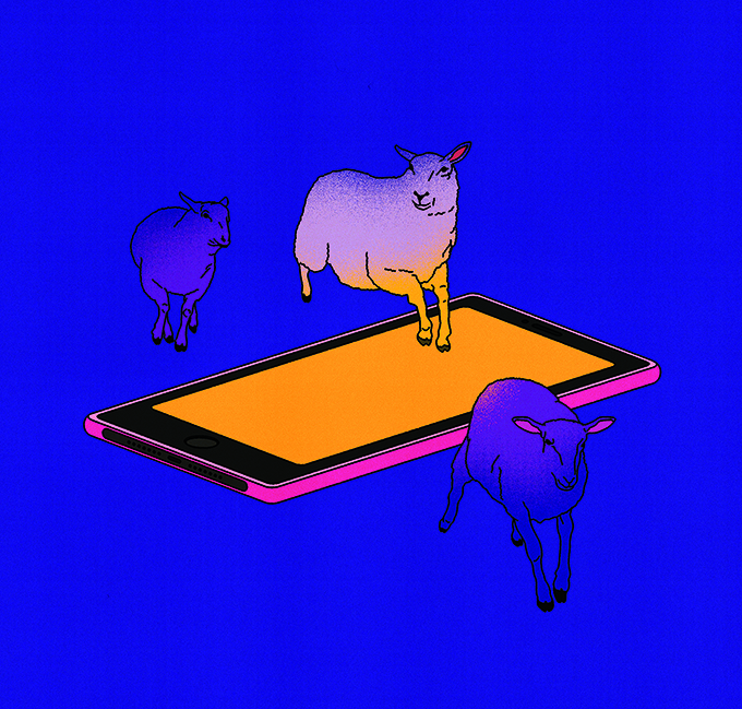 illustration av tre får som hoppar ut och in ur mobiltelefon