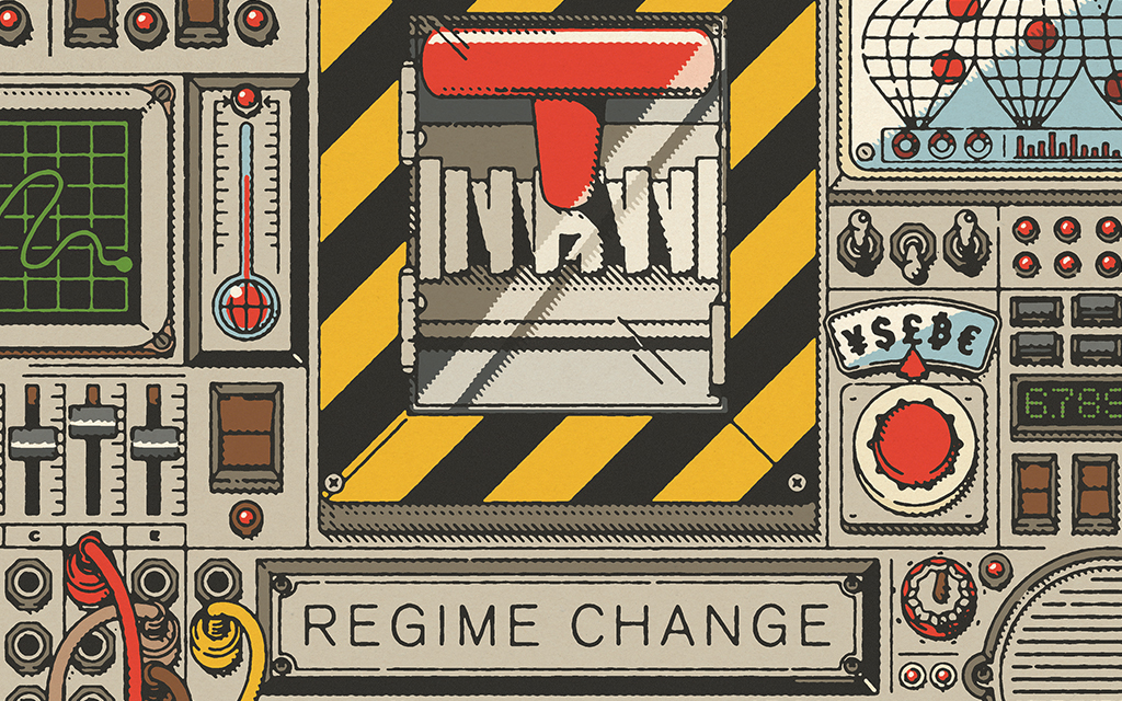 Illustration som visar en av och på spak med texten Regime Change under.