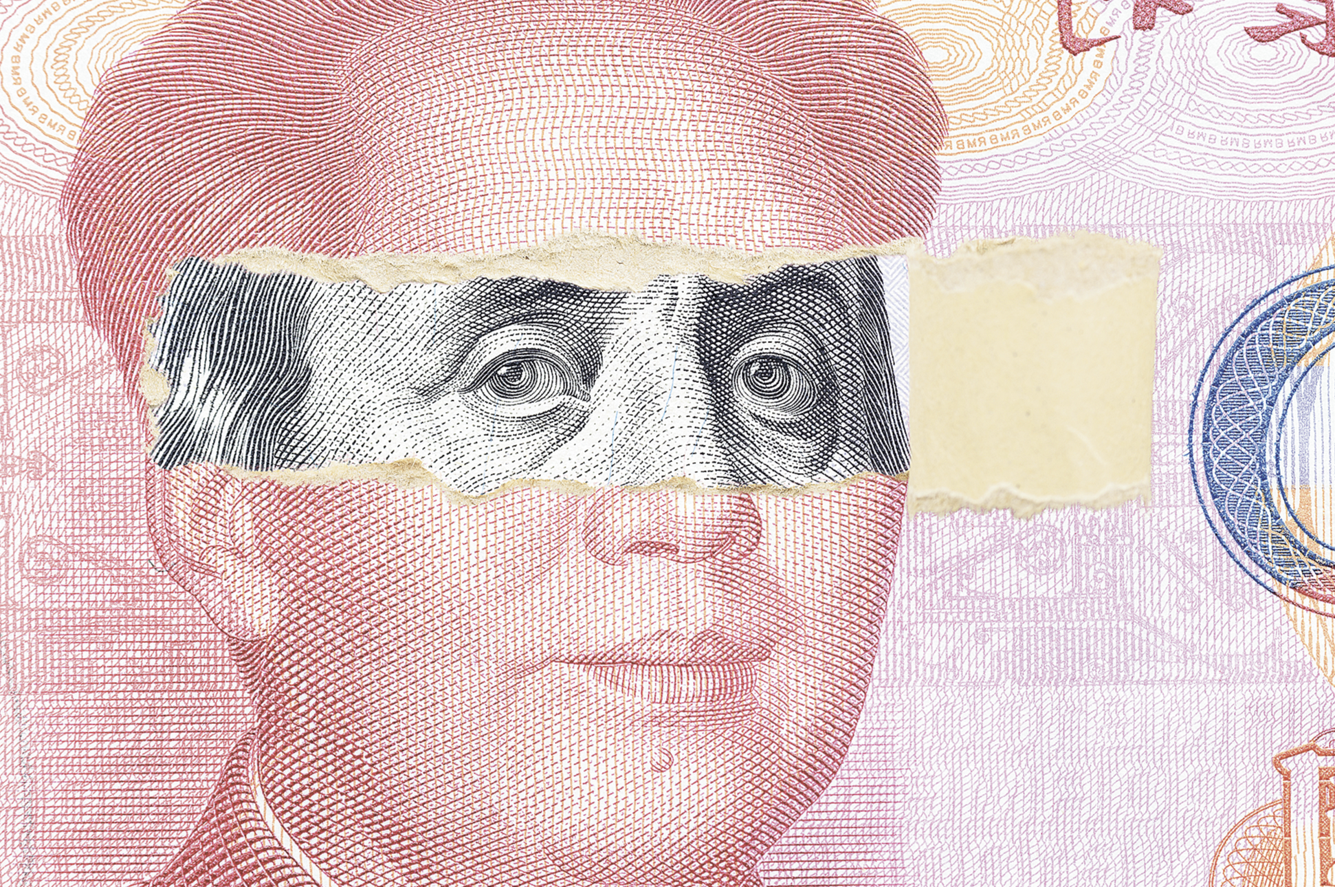Bild på en Yuan med en bit uppriven så att dollar sedeln syns. 