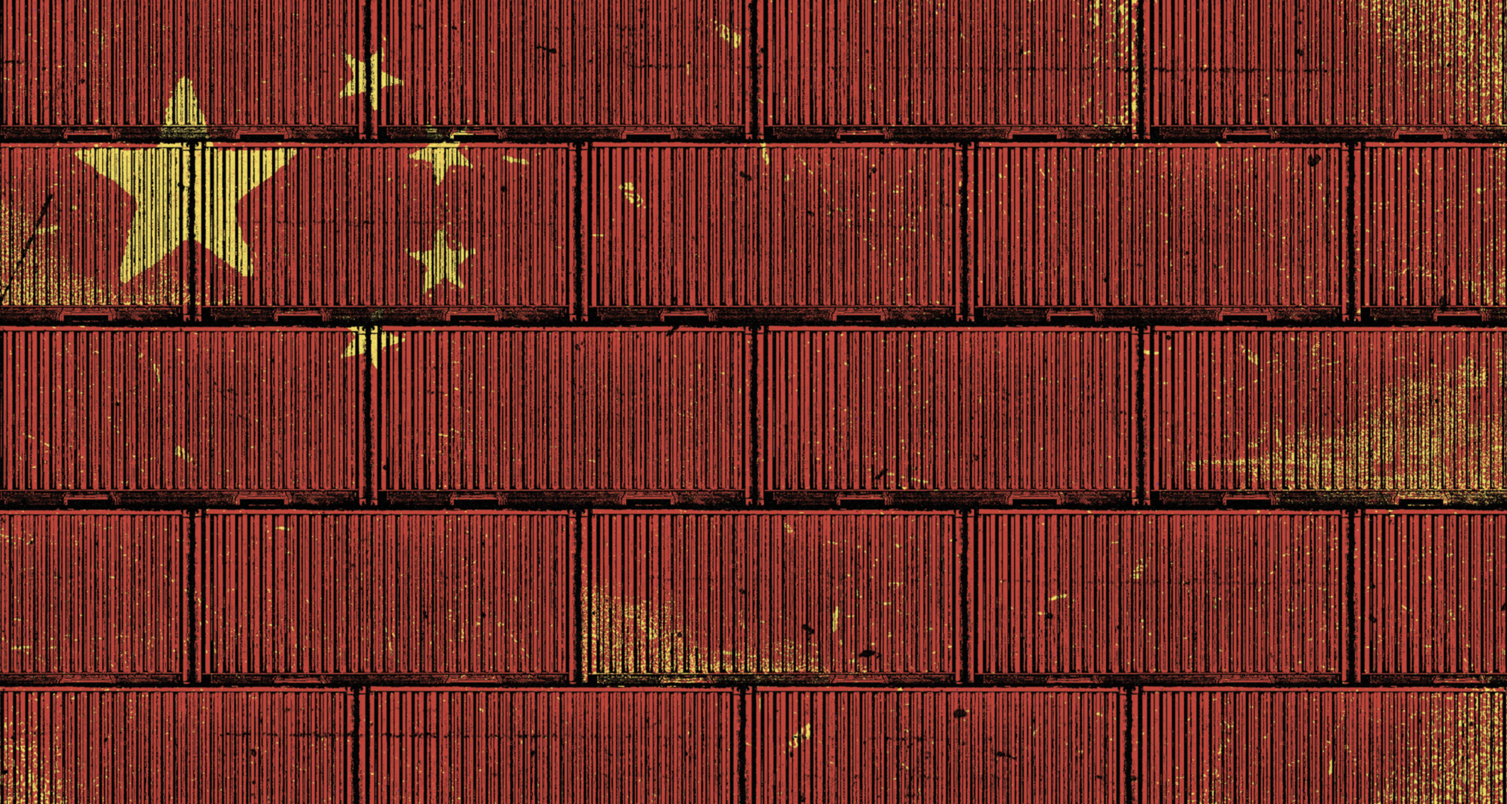 En vägg av röda containrar där Kinas flagga illustrerats på. Röd botten med gula stjärnor. 