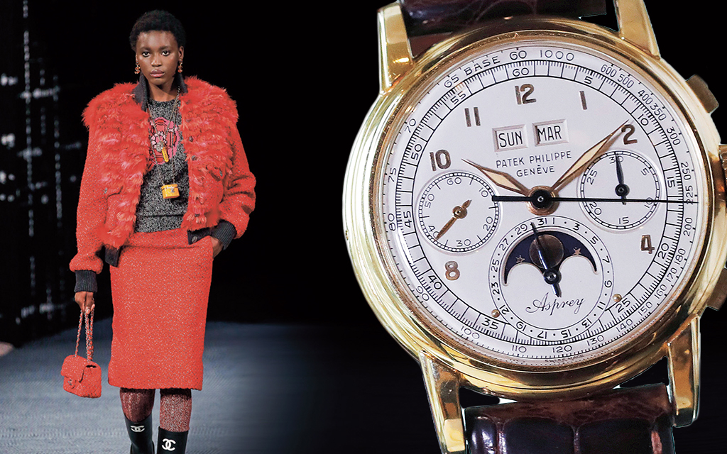 Ett montage med en kvinna klädd i röd Chanel-dräkt går på Catwalken. I samma bild är en Patek Philippe-ur .