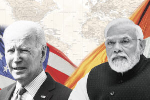 Joe Biden och Narenda Modi mot bakgrund av en världskarta i äldre stil.