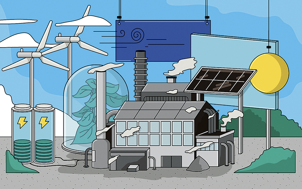 Illustration med fabrik inklämd mellan solceller, vindkraftverk och batterier